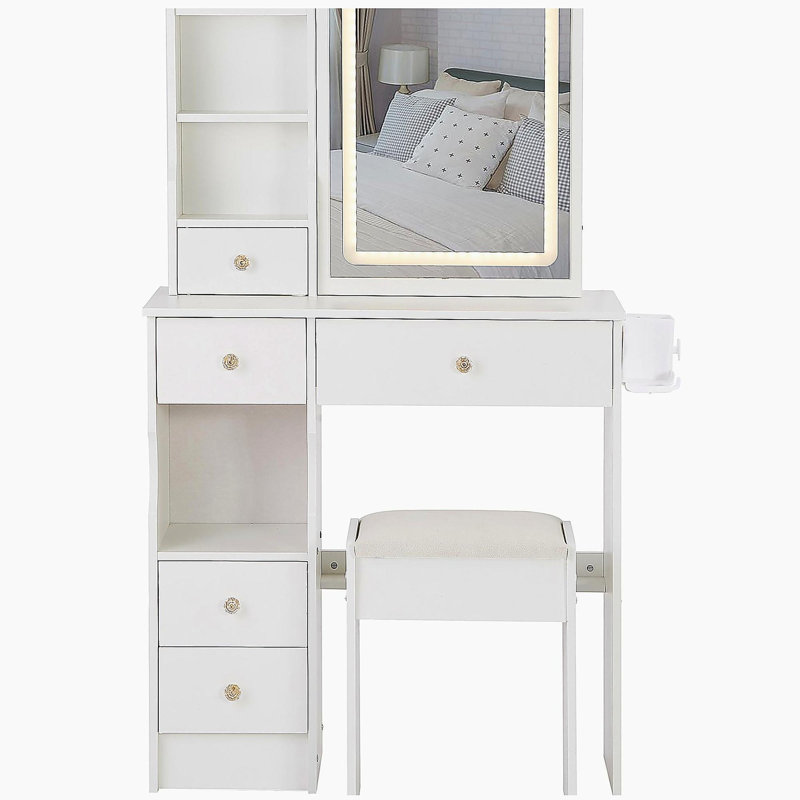 29.2" Small Size Left Drawer Desktop Vanity Table + Cushioned Stool, 2 AC+2 USB Power Station, Hair dryer bracket, Extra Large Touch Control Sliding LED Mirror, Tri-color Switching, Brightness Adjust