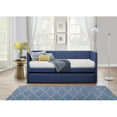 Blue Fabric Upholstered 1pc Day Bed with Pull-out Trundle Nailhead Trim Wood Frame Furniture