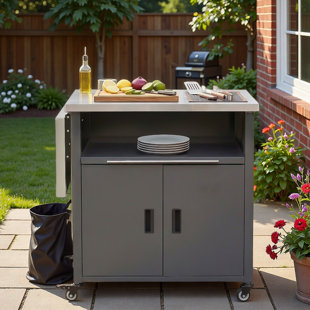 Outdoor Kitchen Island Grill Cart With Trash Rack, Foldable Top, Expandable Lron Panel And Storage Space