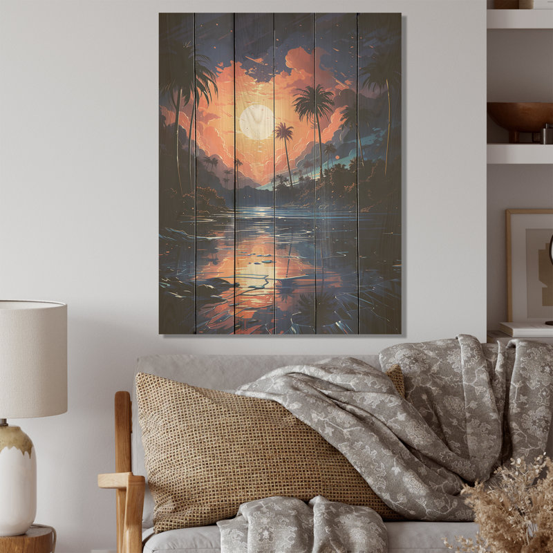 «Moonlight Sapphire Solitude Palms» - palmiers et palmiers, art sur bois de pin naturel, H 20 po x l 10 po