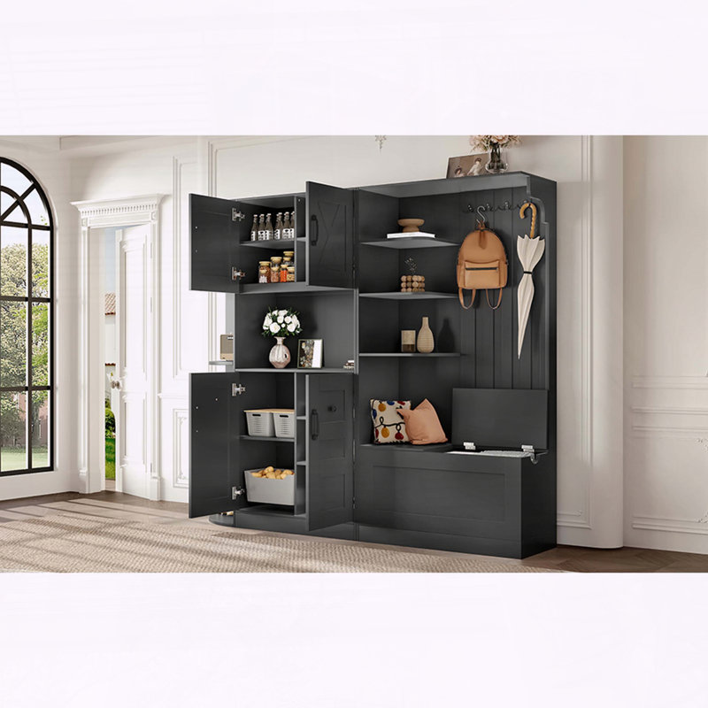 Multifunctional Hall Cabinet with Storage and Hooks, Black