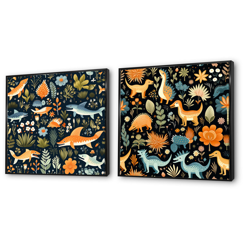 Dinosaurs Roar IV - ensemble de 2 reproductions d'art sur toile, Cadre noir, H 36 po x l 73 po x P 1,5 po