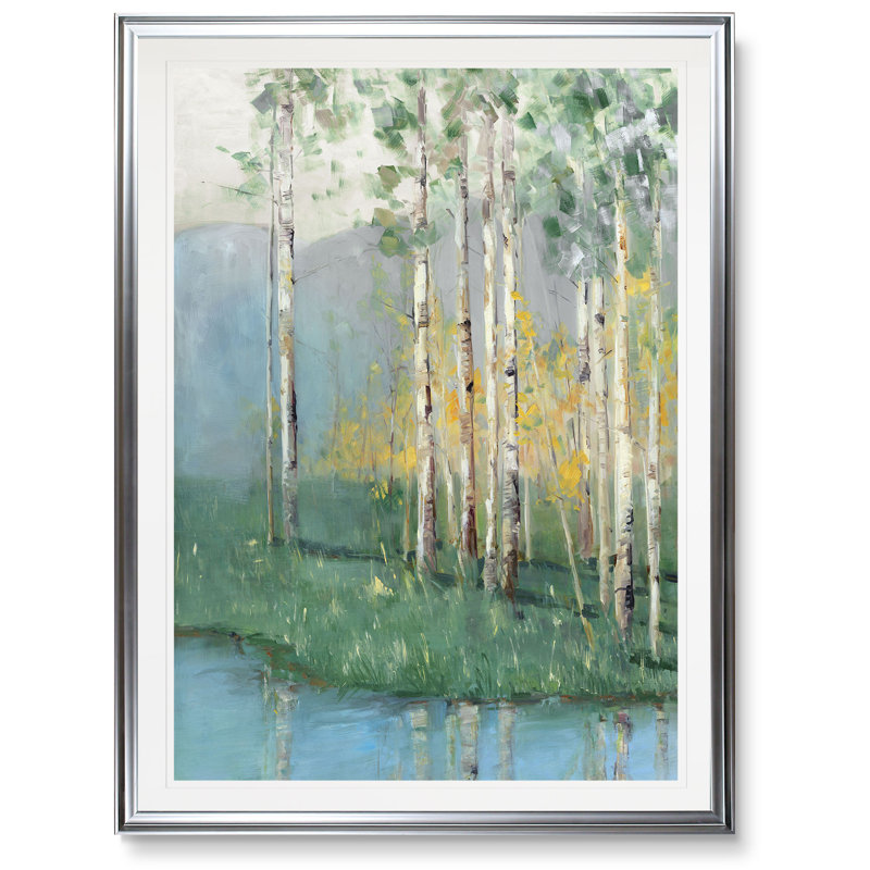 «Birch Reflections II», reproduction, H 45 po x l 30 po x P 1,5 po, Cadre argenté