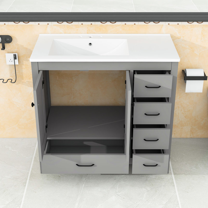 Meuble-lavabo de salle de bain avec armoire de rangement et 5 tiroirs, Gris