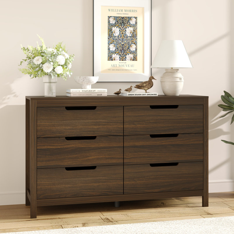 Commode 6 tiroirs pour chambre à coucher, commode moderne de 51 po de large avec rangement, grand meuble télé de commode, rangement en bois pour le salon, couloir, brun