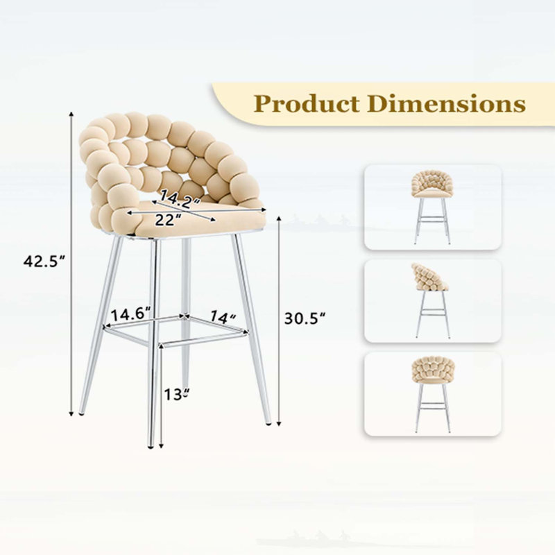 Ensemble de 2 tabourets de bar rembourrés modernes en velours avec pieds en métal chromé pour cuisine et bar