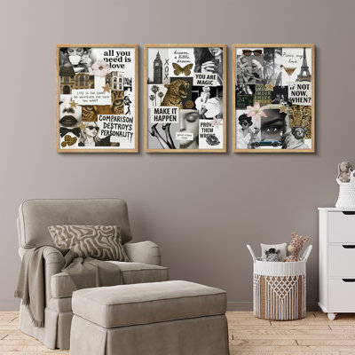 3 Piece Framed Motivational Collage Wall Art Set -  Feminine Prints for Office, Dorm or Dressing Room Décor
