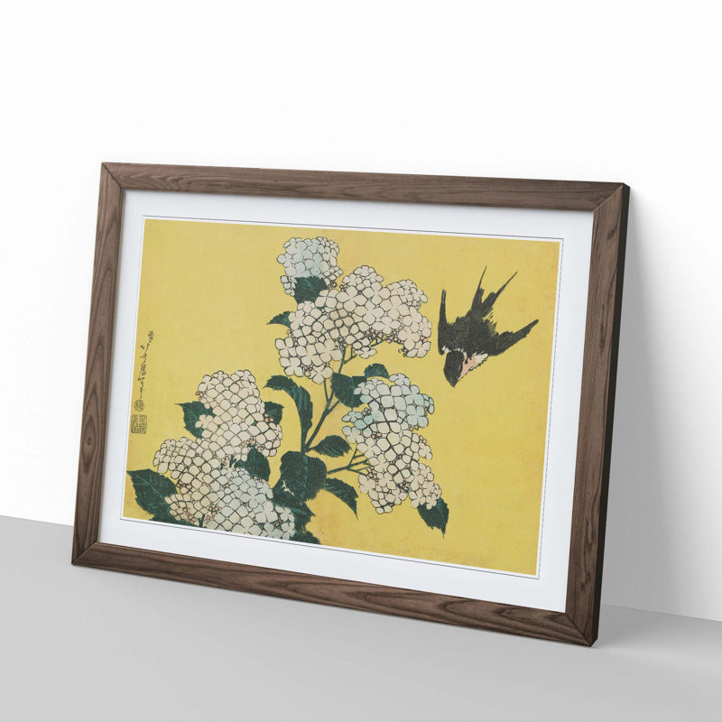 Hydrangeas and Swallow by Katsushika Hokusai - Picture Frame Painting Print, Walnut Framed, 27cm H x 36cm W x 2cm D