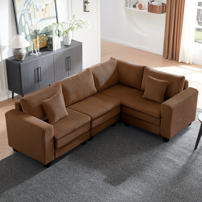98.4" Wide L-Shaped Corduroy Sectional Corner Sofa Couch With 2 Pillows, Brown Corduroy