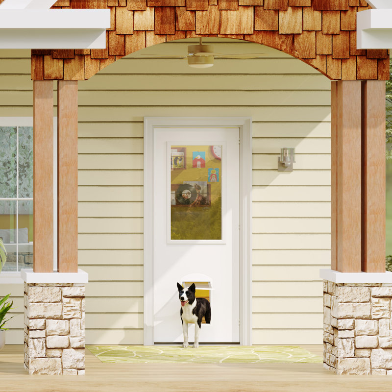 Dalle de porte d'entrée avec cadre et seuil - 1 verre transparent, porte pour animaux magnétique, bois massif apprêté blanc
