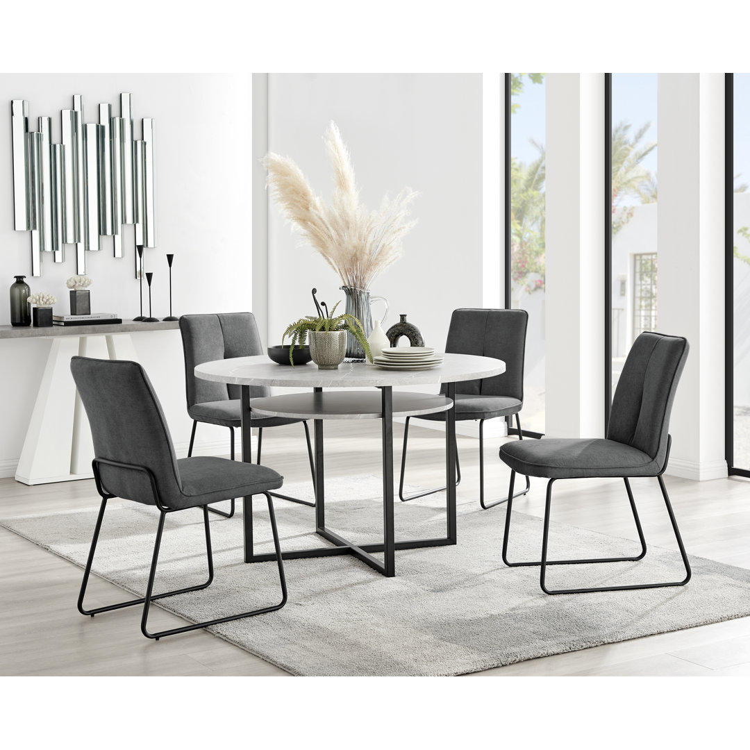 Adler Concrete Effect Round Dining Table Set with Shelf & 4 Luxury Modern Velvet Dining Chairs