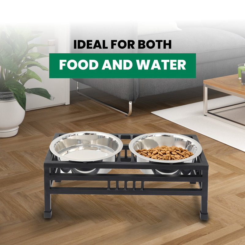 Medium Elevated Black Iron Pet Double Diner with Stainless Steel Bowls