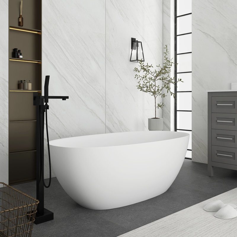 65'' Matte White Freestanding Solid Surface Soaking Bathtub