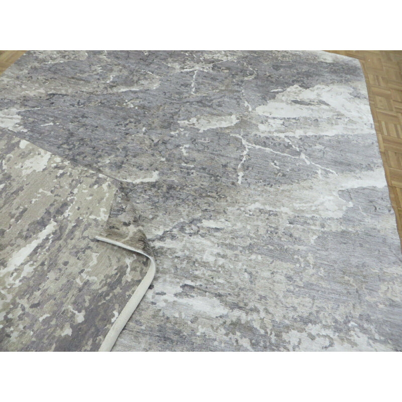 Tapis gris noué à la main de conception unique 8 pi x 9 pi 11 po Fickes