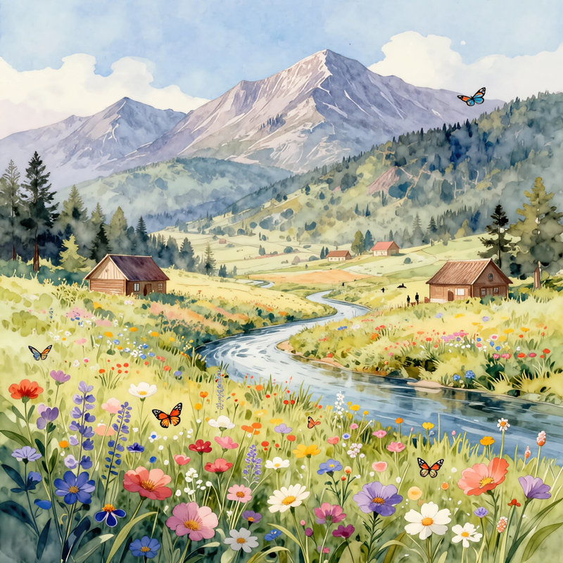 Art mural sur toile Mountain Valley Wildflowers, 12"W x 12"H x 1"D