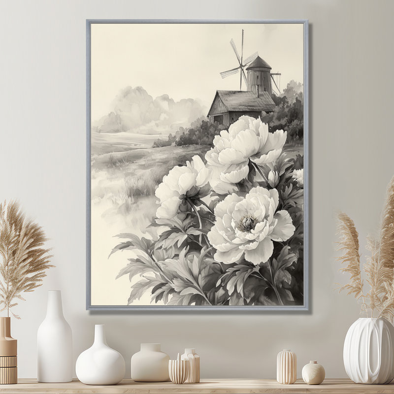 Art mural Eckhoff, pivoines et moulin à vent II - pivoines, Argent argent, Reproduction avec cadre flottant