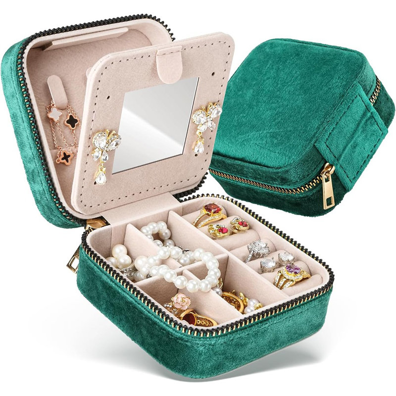 Travel Jewellery Box With Mirror - Emerald Green Plush Vel...