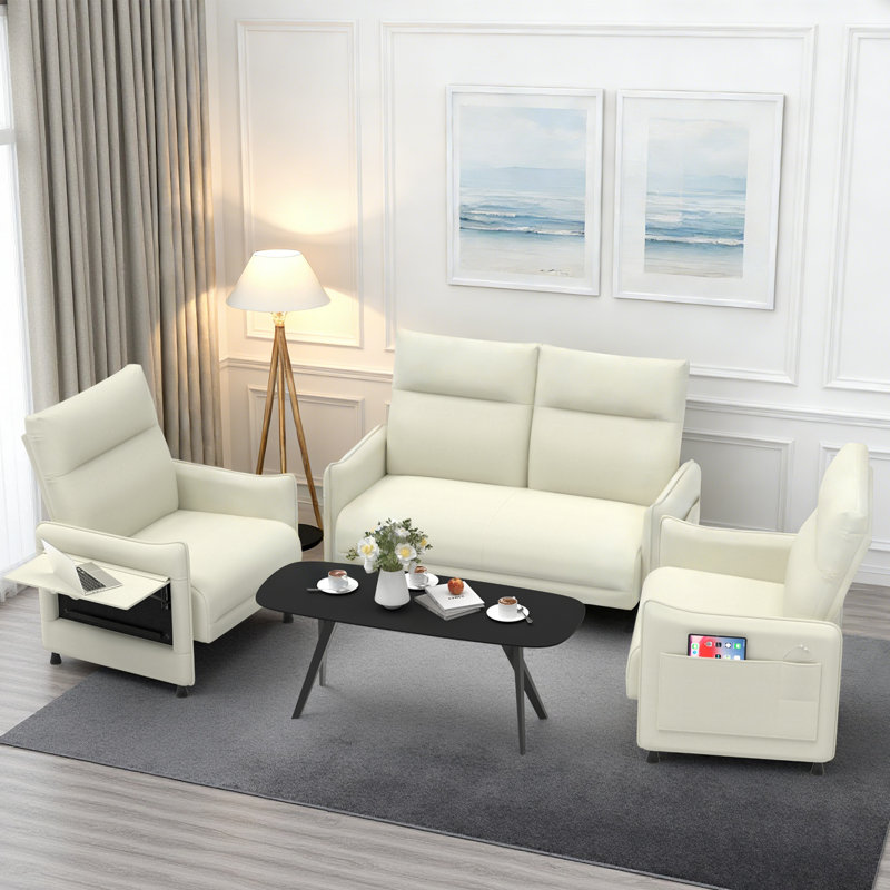 Ensemble de salon 3 pièces avec plateau latéral et structure en métal, Beige