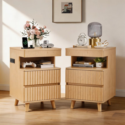 Table de chevet moderne en bois avec tiroir caché, éclairage à DEL et station de charge