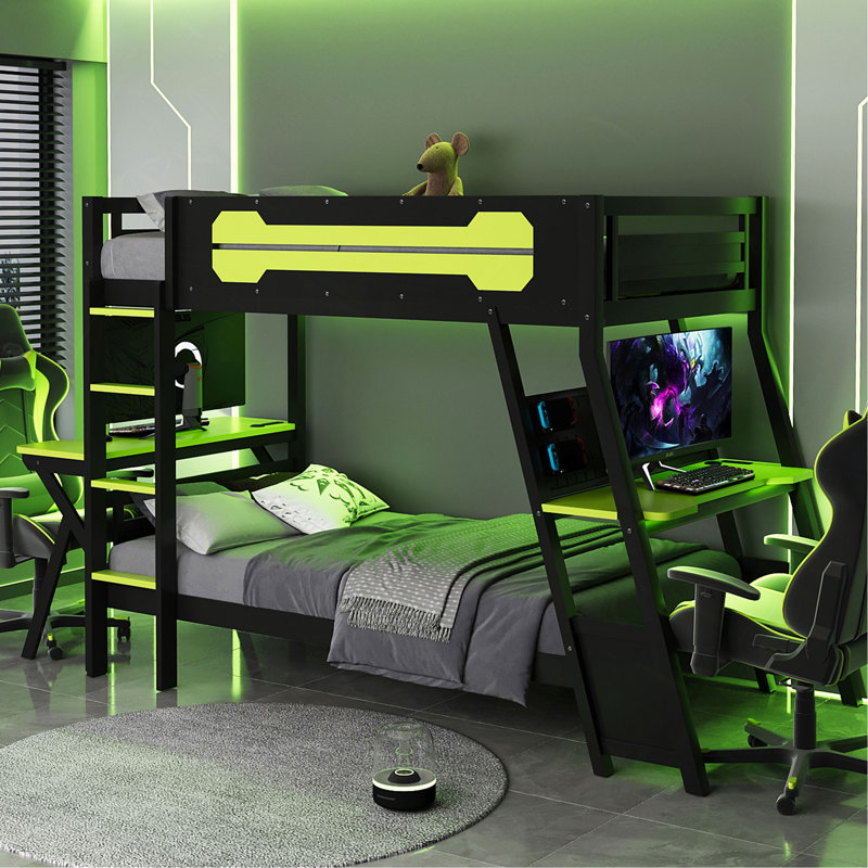 Lit superposé avec deux bureaux de jeu intégrés, ports de bureau USB et organisateur de panneau perforé, cadre de jeu pour joueur