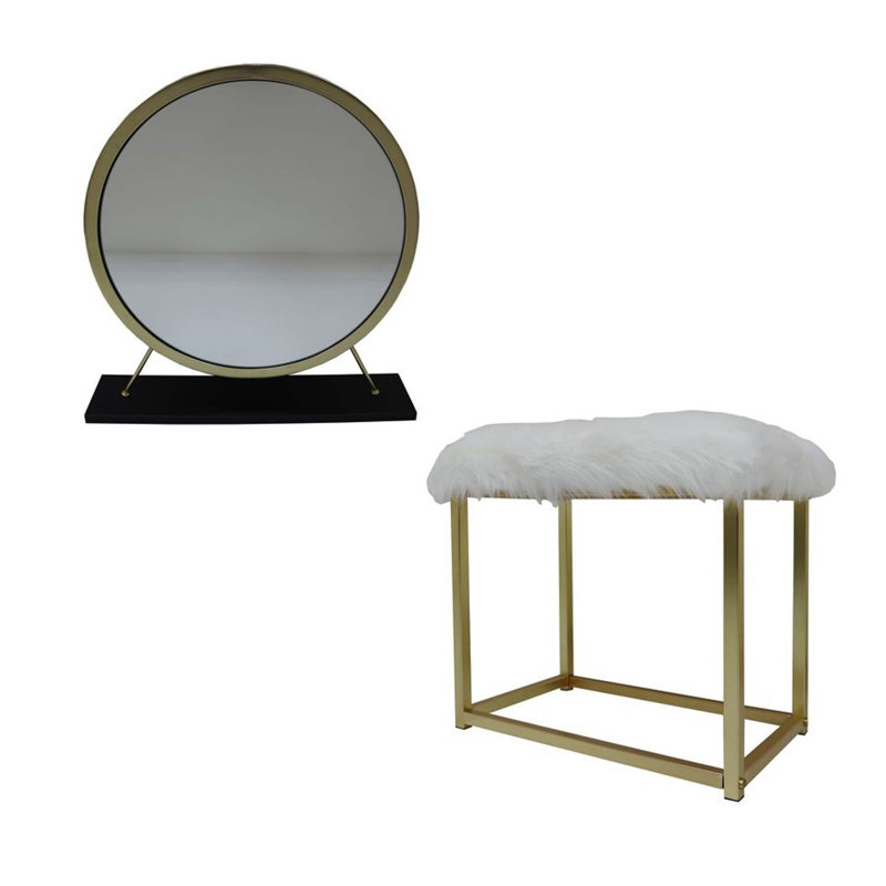 Miroir et tabouret de coiffeuse Adao, fausse fourrure, miroir, finition noire et laiton, Noir et laiton