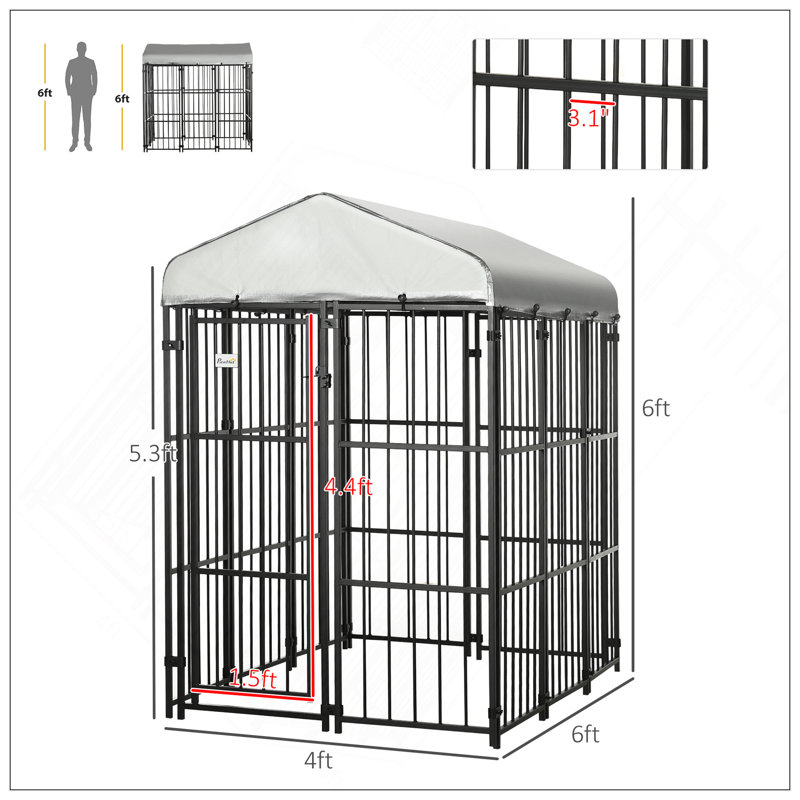 Chenil d'extérieur pour chien de 6 pi x 4 pi avec auvent imperméable résistant aux rayons UV et maillon de chaîne robuste pour chiens de taille moyenne à grande