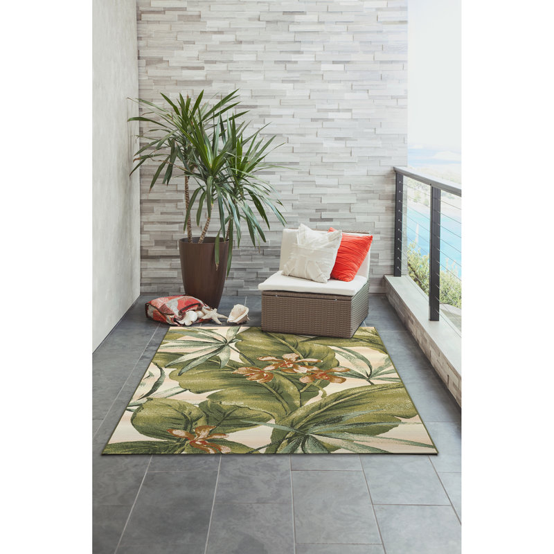 Tapis d'intérieur / extérieur crème / beige / vert floral Kenilworth, Rectangle 3 pi 3 po x 4 pi 11 po