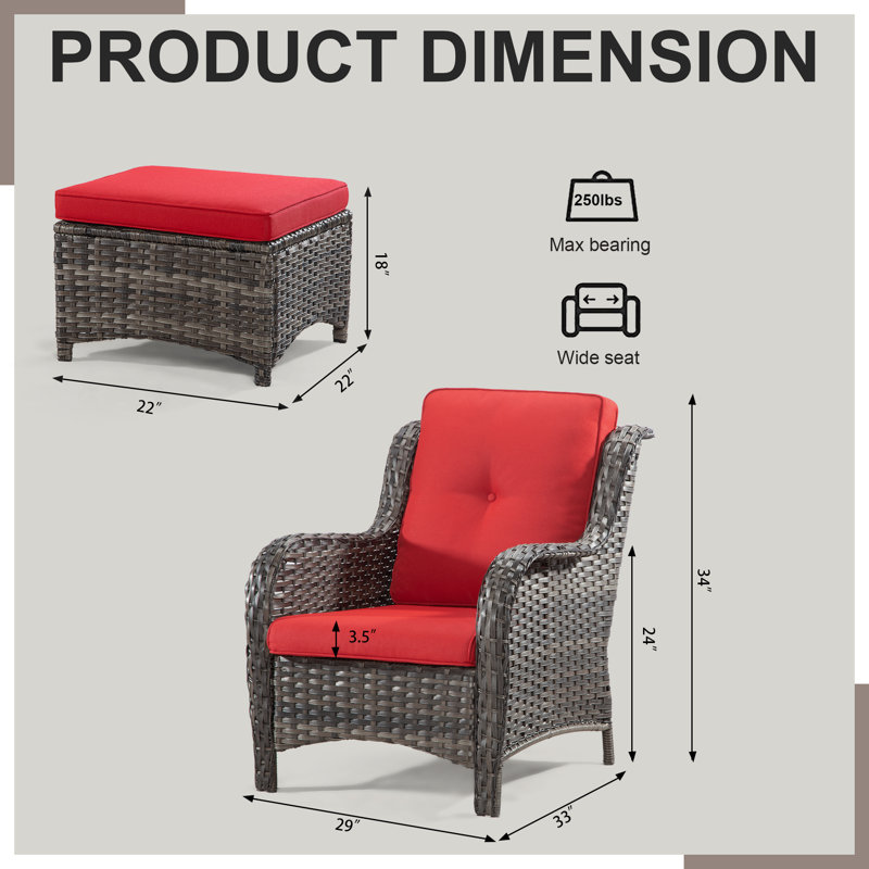 Ensemble de conversation en osier pour 4 personnes avec coussins et repose-pieds, Rouge