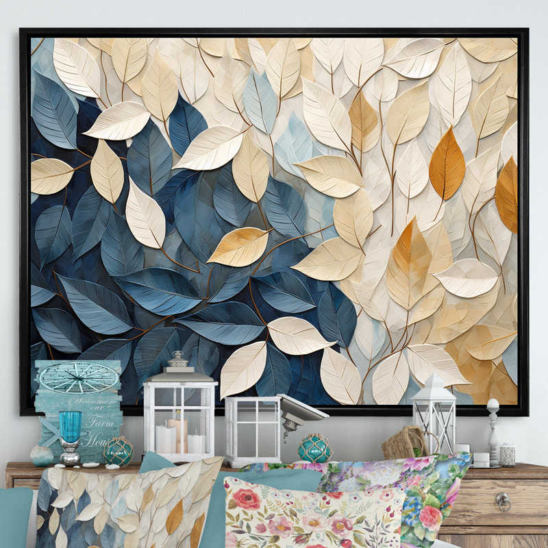 Collage de feuilles minimaliste beige et bleu - feuilles, décoration murale, Cadre flottant noir