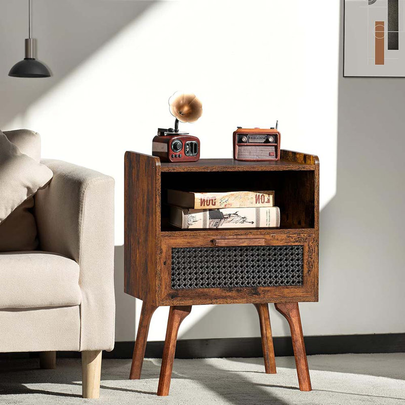 Boho Side Table With Drawer Open Shelf, Cane Accent Bedside End Table With Solid Wood Legs For Bedroom, Dorm And Small Spaces