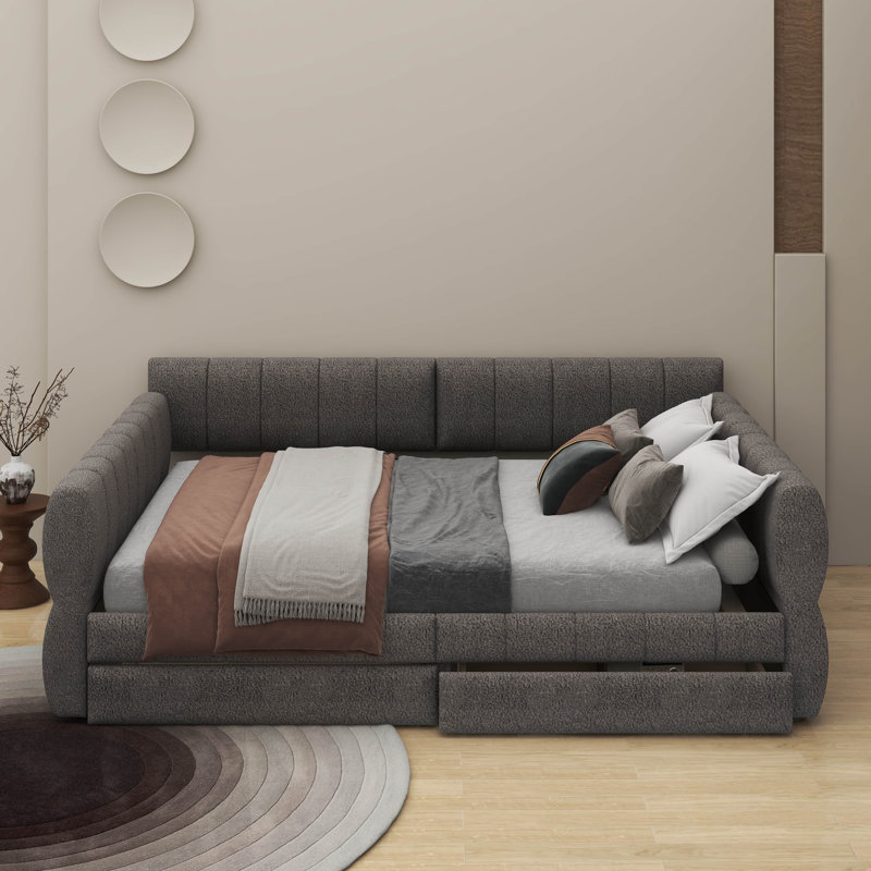 Grand lit plateforme tapissier avec port USB et tiroirs, Gris