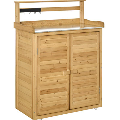 Bureau de jardinage à 3 tablettes, bois de sapin massif, 2 portes magnétiques, crochets, jaune, l 33,49 po x l 17,53 po, H 47,63 po, fermeture