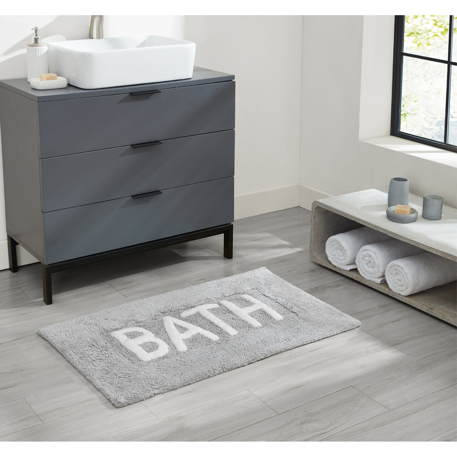 Cotton Blend Bath Rug, Light Gray