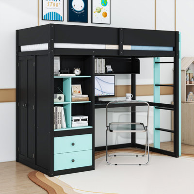 Lit mezzanine avec bureau, garde-robe, tablettes de rangement, ports USB et éclairage DEL