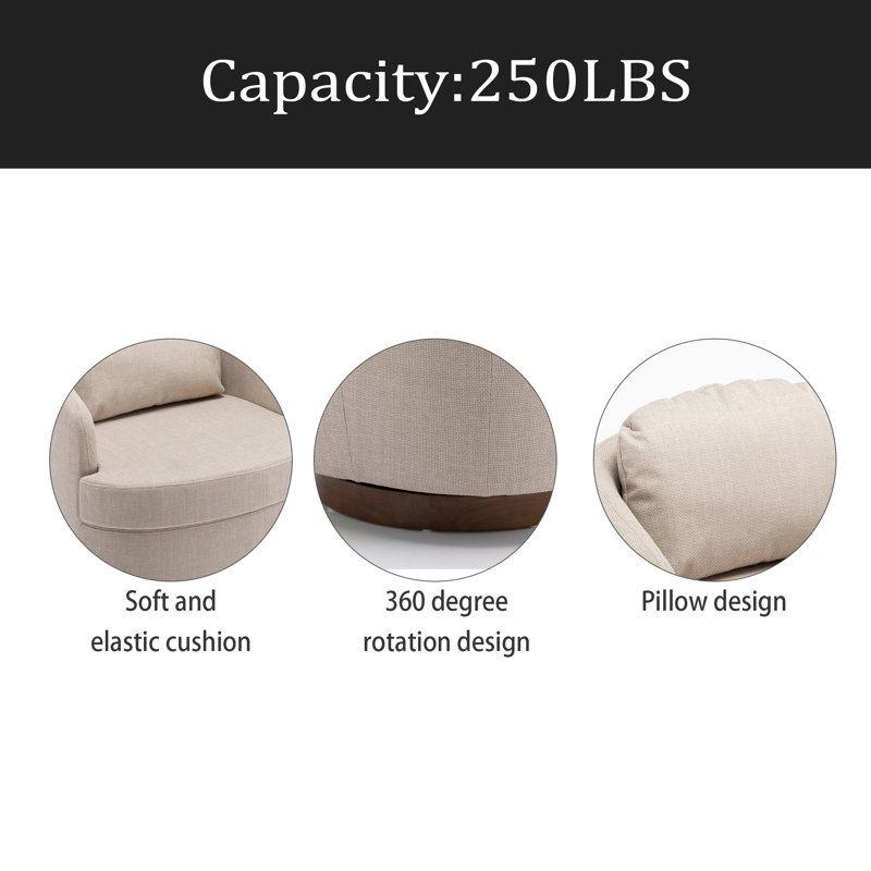 Fauteuil d'appoint pivotant en tissu avec pieds ronds en bois brun, Lin beige