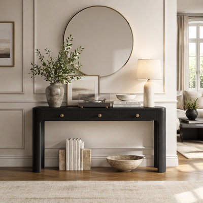 Rustic Console Table with Curved Corners for Safety, Entryway Table with 3 Concealed Drawers, Sturdy Sofa Table with Thick Legs for Hallway & Living Room 