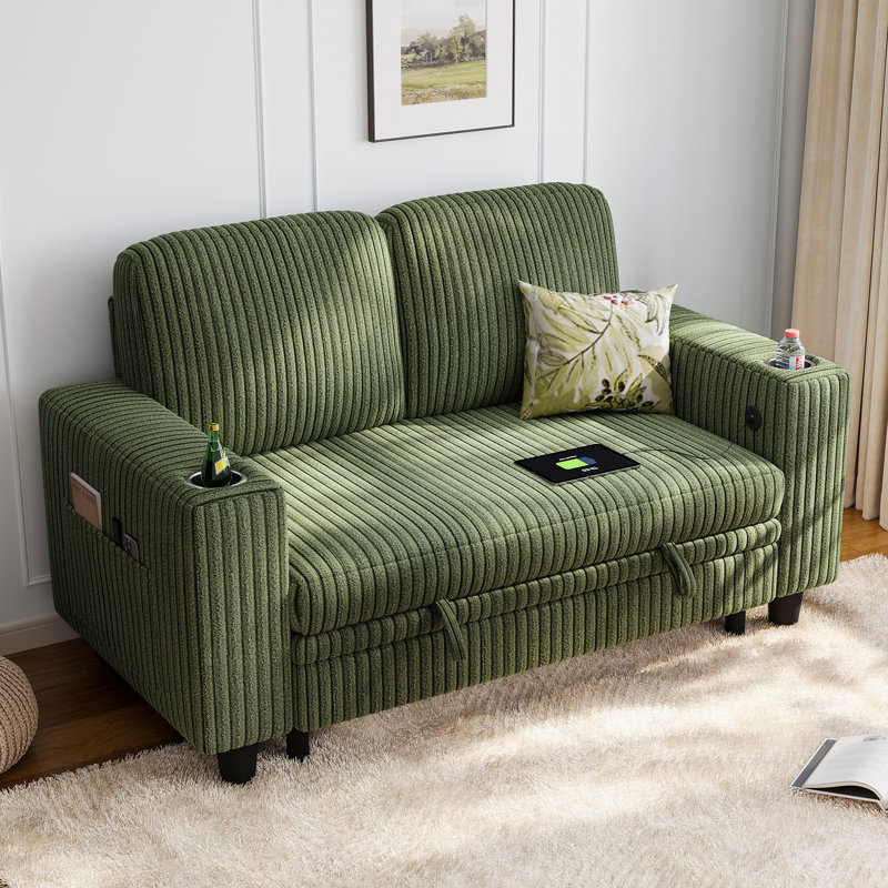 Sherry 56" Upholstered Storage Loveseat with Charging & Cup Holders, Bella Forest Green Corduroy