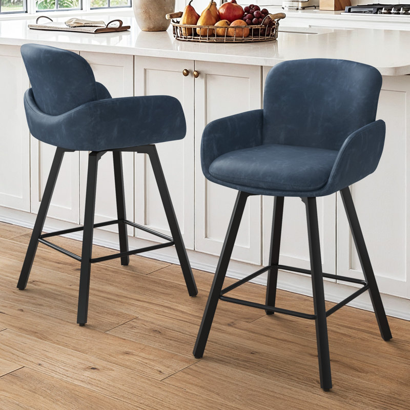Upholstered Swivel Bar Stools with Metal Frame, Blue