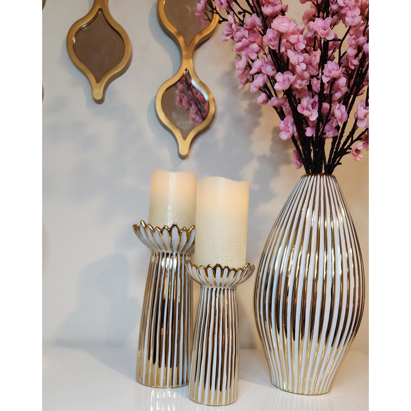 White & Gold Ceramic Candle Holders, 9.84" H x 5.12" W x 4" D