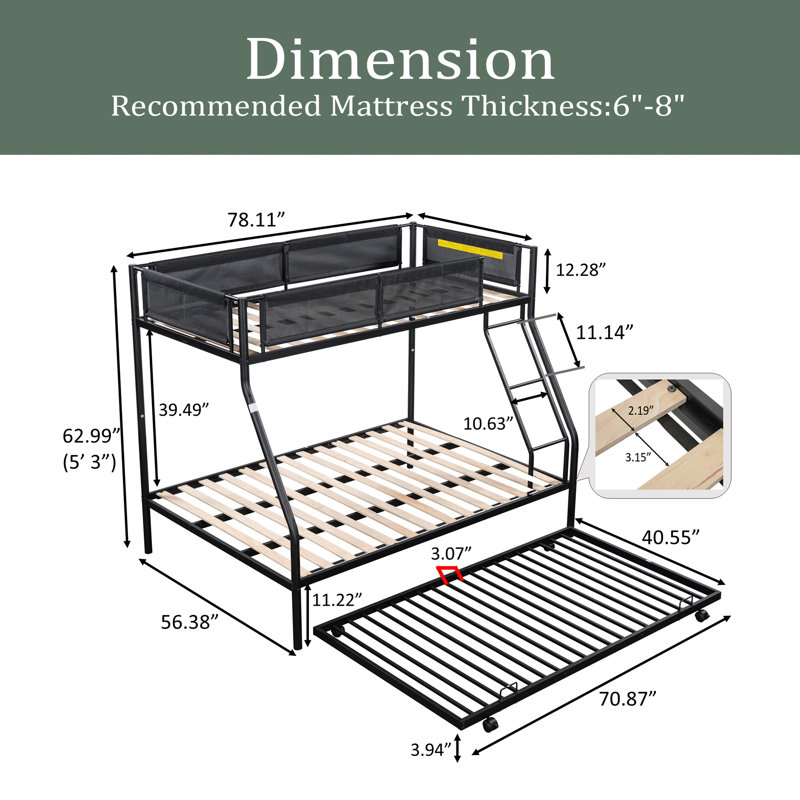 Twin Over Full Metal Bunk Bed With Trundle/ Sturdy Metal Bed Frame/ Noise-Free Wood Slats/ Comfortable PVC-coated polyester Guardrail/ Space-Saving Trundle/ Bunk Bed For Three/ No Box Spring Needed