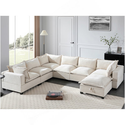 Canapé modulaire vidéo de 117,5 po avec repose-pieds de rangement mobile, canapé 7 places en U, siège large et combinaison libre, canapé surdimensionné en chenille pour salon et appartement, 2 couleurs
