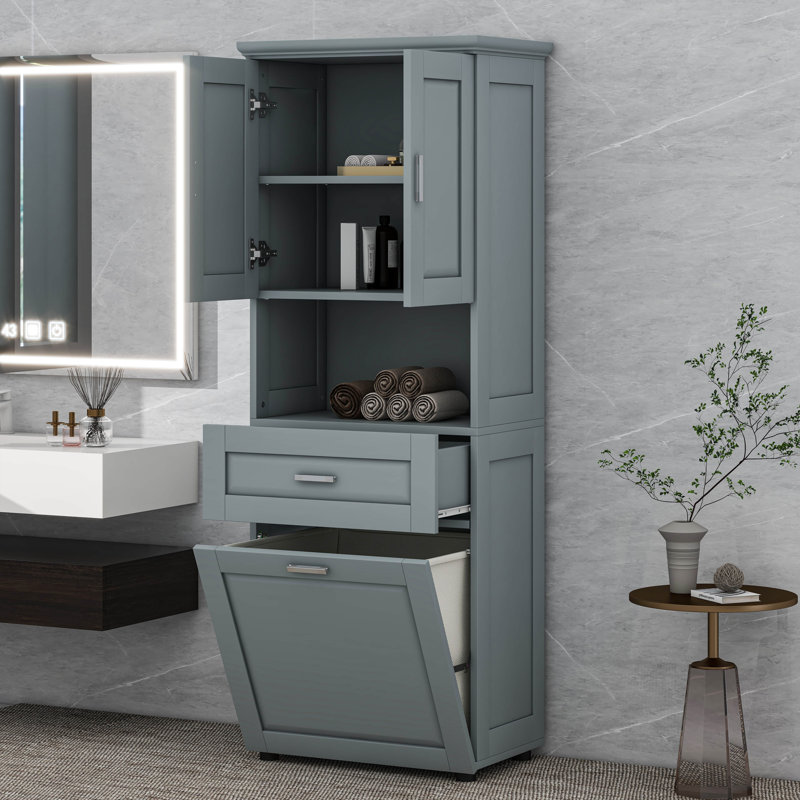 Cabinet With Tilt-Out Laundry Hamper Basket, Gray