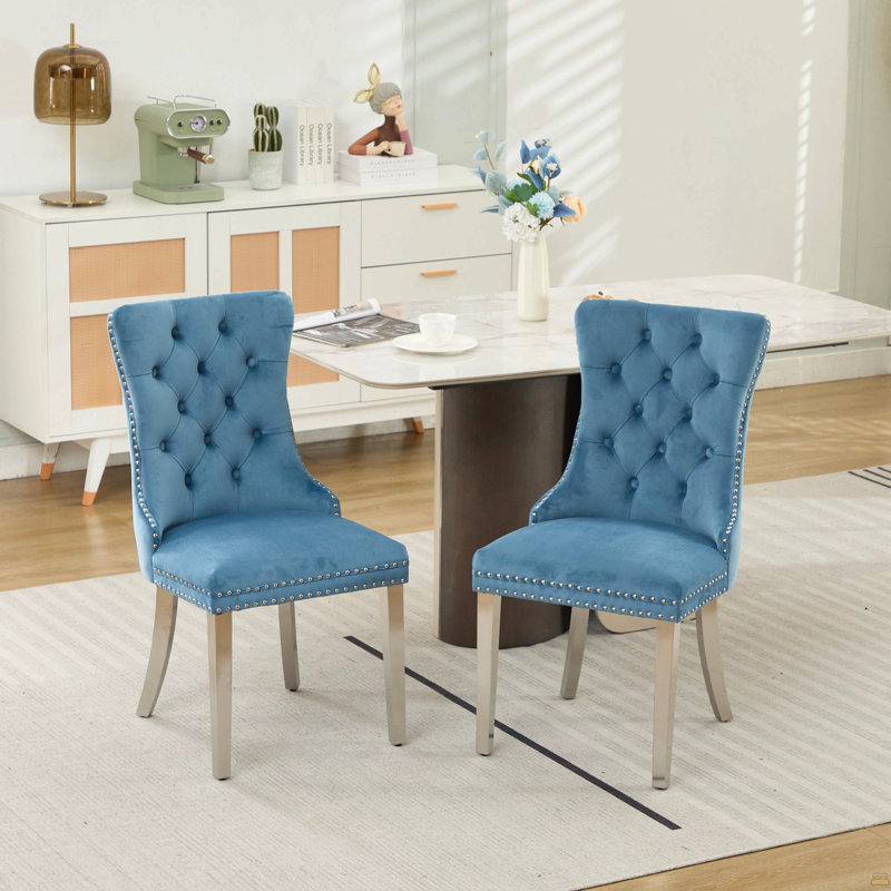 Chaise de salle à manger rembourrée en velours de bois massif haut de gamme avec pieds en acier inoxydable, Bleu clair