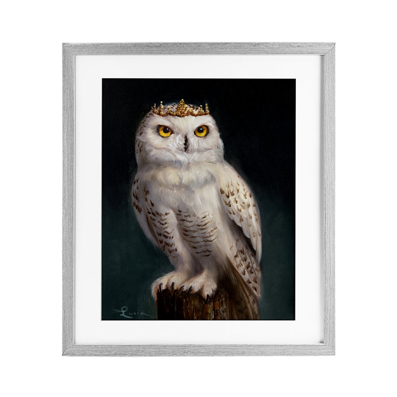 «Snowy Owl King», reproduction sous verre encadrée, design par Lucia Heffernan, Cadre de ferme gris, 16" H x 13" W
