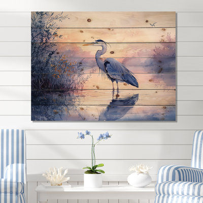 Héron rose et bleu au crépuscule I - décoration murale en bois animal héron - sur bois de pin naturel