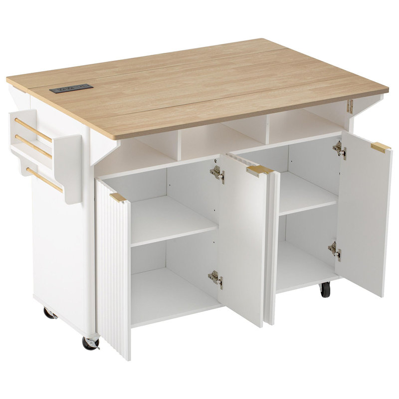 55.5" Fluted Kitchen Island With 2 Drop Leaf, Kitchen Storage Cart With Power Outlet, 4 Doors, Spice Rack, Rolling Island Table With Wood-Grain Top, Curved Edge For Kitchen, Dining Room,White