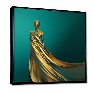 Gold Woman With Golden Dress On Teal - Modern Woman Wall Art Decor