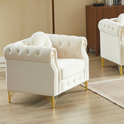 Velvet Chesterfield Sofa With Round Pillows, Featuring Copper Stud Detailing And Tufted Button Accents With Metal Legs