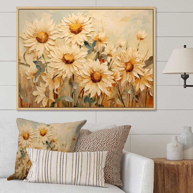 Minimalisme, tournesols beiges efflorescence I sur toile, Cadre flottant blanc, H 16 po x l 32 po x P 1 po