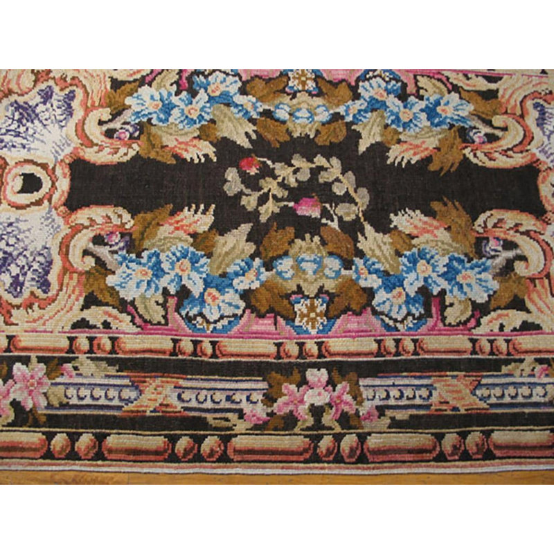 1760s Black Floral Medallion Antique English Axminster Rug Knotted Wool Carpet 4'0" x 6'10" Area Rug